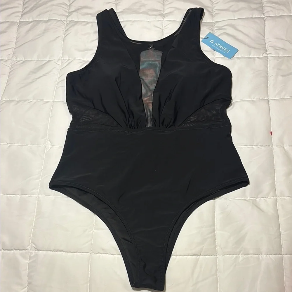 Athmile Black One-Piece Mesh, High-Cut, Tummy Control Swimsuit
